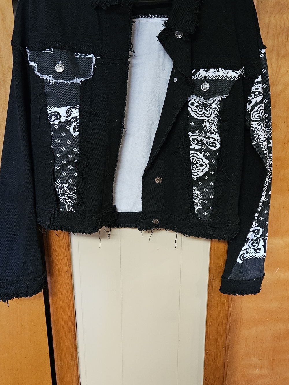 Black Bandana Patchwork Distressed Jean Jacket - Women's